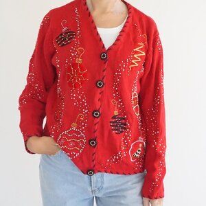 Vintage Studio Joy Red Embroidered Christmas Ornament Knit Cotton Cardigan M